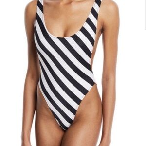 Norma Kamali Marissa Black and White Striped High Cut One Piece Swimsuit
